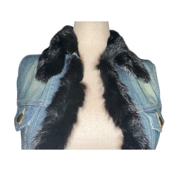 Cejon Denim Vest with Black Rabbit Trim – Y2K Vintage Style Size Large - Picture 8 of 9